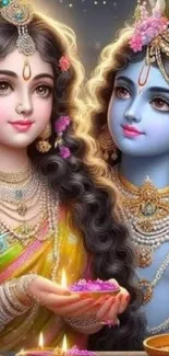 Two divine figures with vibrant colors in a spiritual mobile wallpaper.