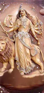 Intricate depiction of Goddess Durga with a lion in serene brown tones.