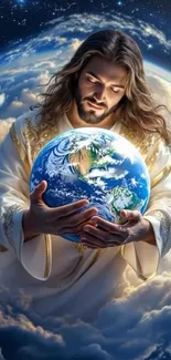 Divine figure holding the Earth with celestial background.