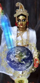 Gold-adorned divine figure with Earth globe.