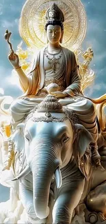 Goddess statue seated on an elephant with a golden ethereal backdrop.