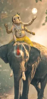 Lord Ganesh riding an elephant in a serene artistic scene.