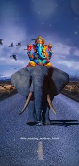 Colorful deity on a majestic elephant walking down an empty road under a serene blue sky.