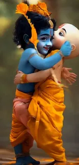 Artistic depiction of two mythological figures in traditional attire embracing.