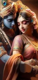 Mythical deities in a spiritual embrace with vibrant colors.