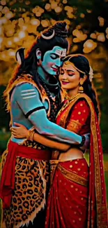 Divine couple embracing under a golden glow in nature.