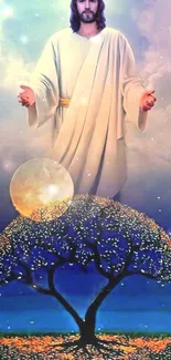 Divine figure above a glowing tree under a night sky.