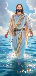 Divine figure walking on water with clouds.