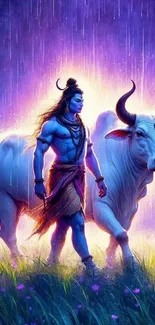 Divine figure with bull in a vibrant, mystical setting.