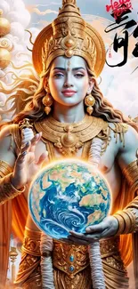 Divine figure holding Earth orb in radiant celestial scene.