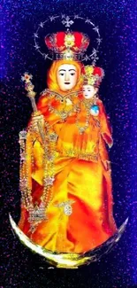 Vibrant image of divine figures with crowns and ornate robes against a dark backdrop.