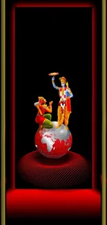 Divine figures on a red globe with a spiritual and cultural theme.