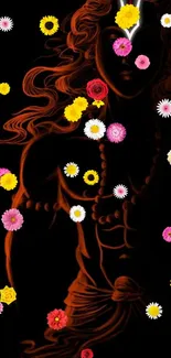 Dark silhouette with colorful flowers on black background wallpaper.