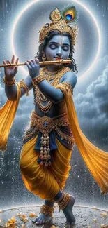 Divine figure playing a flute, surrounded by clouds and celestial light.