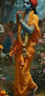 Krishna in a vibrant garden playing flute, surrounded by flowers and devotees.