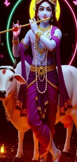 Divine flute player with cow under vibrant lights.
