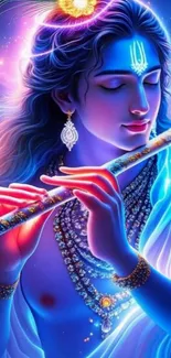 Celestial being playing the flute with vibrant colors.