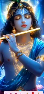 Radiant divine figure playing a flute surrounded by blue and gold hues.