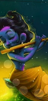 Blue-skinned divine figure playing flute on a vibrant background.