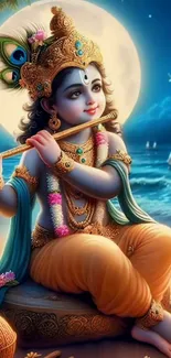 Divine figure in traditional attire under moonlight playing flute.