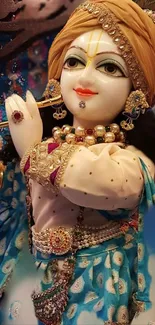 Divine flute-playing figurine in colorful attire with intricate details.