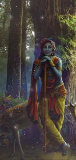 Krishna standing in a mystical forest with deer, vibrant colors, and serene background.