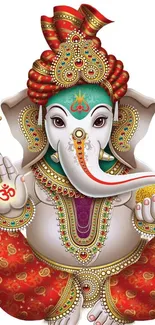 Illustration of Ganesha with vibrant colors and ornate details in a mobile wallpaper.