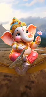 Lord Ganesha on a mythical creature with scenic mountains.