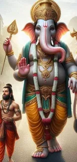 Ganesha deity walking with follower on street.