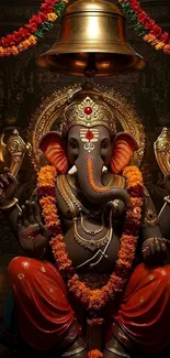 Lord Ganesha adorned with flowers and candles.