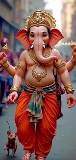 Lord Ganesha walking through an artistic street in vibrant colors.