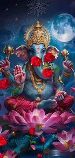 Lord Ganesha with lotus flowers in a moonlit sky, vibrant and divine illustration.