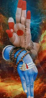 Vibrant blue and red divine hand gesture in a fiery cosmic background.