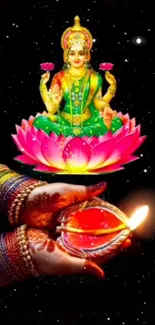 Hindu goddess floating on lotus with Diwali lamp against a starry background.