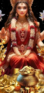 Goddess in red surrounded by gold coins and lotus flowers.