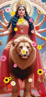 Multi-armed goddess on a lion with flowers.