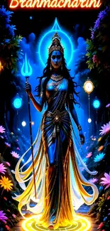Illustration of a vibrant goddess in a mystical forest setting.