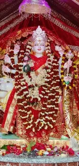 Vibrant red-themed Goddess Durga mobile wallpaper, ornate and divine.