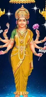 Vibrant goddess in golden attire with mystical decor.