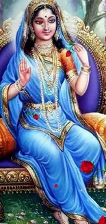 Elegant goddess seated in blue with red roses on a decorative chair.