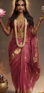 Divine goddess in pink saree with lotus and owl.