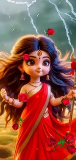 Divine goddess in red saree with roses and trident on a spiritual background.