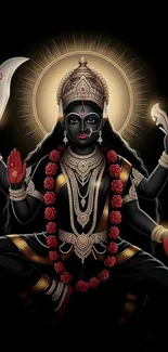 Goddess Kali depicted with four arms, adorned with red and gold details.