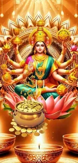 Mobile wallpaper featuring Goddess Lakshmi holding lotus and gold coins, in vibrant colors.