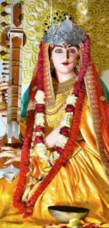 Divine goddess in vibrant traditional attire with ornate background.