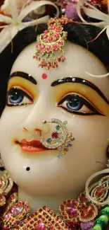 Divine goddess face with floral decorations in vibrant colors.