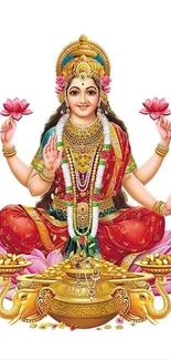 Illustration of a divine goddess with vibrant colors, holding lotuses.