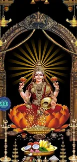 Divine goddess on orange lotus with ornate decor