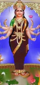 Divine goddess with multiple arms on a blue background.