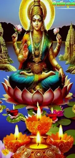 Illustration of a goddess on a lotus flower surrounded by temples.